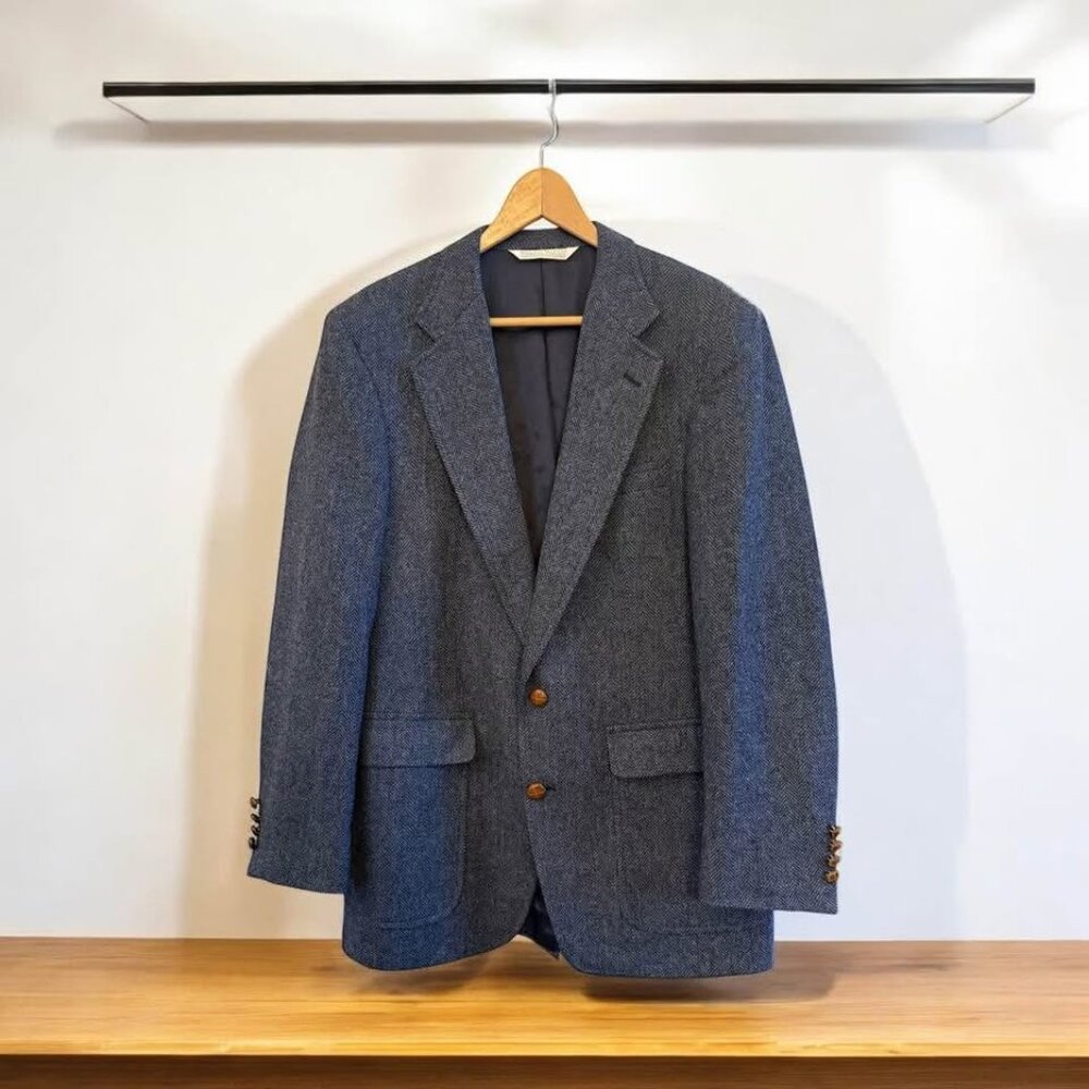 Men’s Classic Lands’ End Blue Tweed 100% Wool Blazer-Size 40L *1 Tear on Sleeve‎